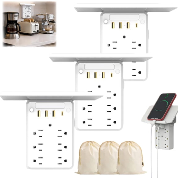 Multi-Functional Power Strip with Panel, Wall Outlet Extender with Shelf, 6-Outlet Surge Protector with USB-A & USB-C, Space-Saving Multi Plug Outlet Expander for Bathroom, Kitchen, Dorm