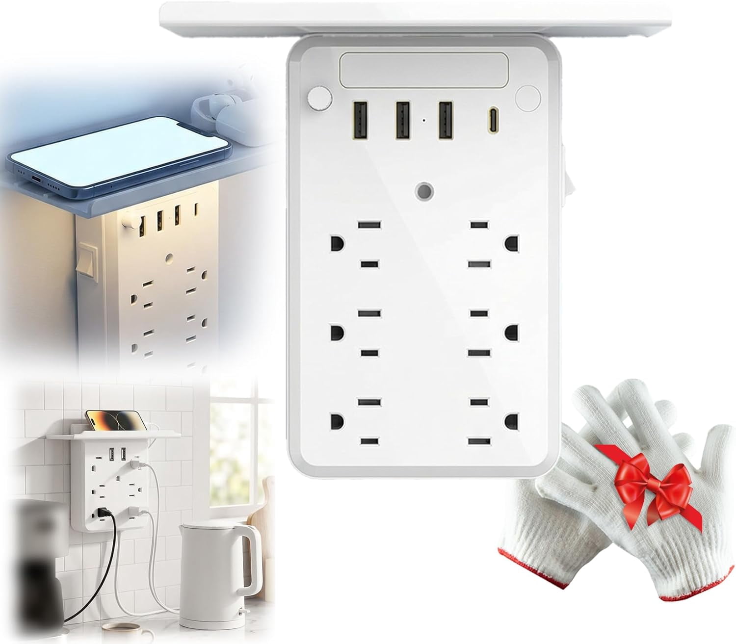 Multi-Functional Power Strip with Panel,Wall Outlet Extender with Shelf,6-Outlet Surge Protector with USB-A & USB-C,for Home Office, Bedroom, Kitchen, Travel