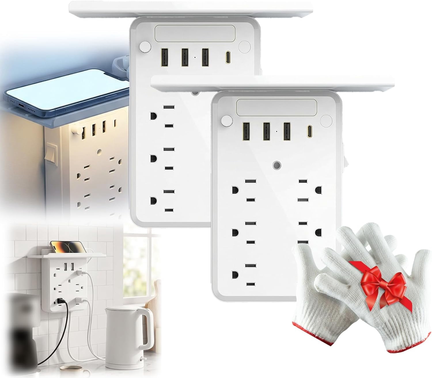 Multi-Functional Power Strip with Panel,Wall Outlet Extender with Shelf,6-Outlet Surge Protector with USB-A & USB-C,for Home Office, Bedroom, Kitchen, Travel