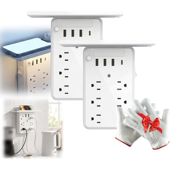 Multi-Functional Power Strip with Panel,Wall Outlet Extender with Shelf,6-Outlet Surge Protector with USB-A & USB-C,for Home Office, Bedroom, Kitchen, Travel