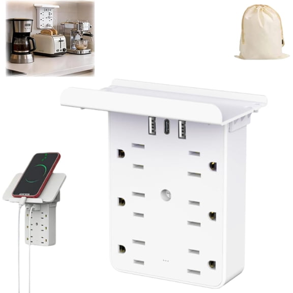 Multi-Functional Power Strip with Panel, Wall Outlet Extender with Shelf, 6-Outlet  with USB-A & USB-C, Space-Saving Multi Plug Outlet Expander for Bathroom, Kitchen, Dorm