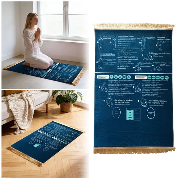 Multi Functional Prayer Rug, With English Reading Arabic Recitation Guidance, Comfortable Floor Mat, Durable Worship Accessory for Spiritual Prayer and Religious Activities, 31.5*47.2in, Blue