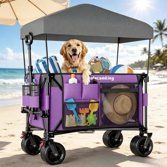 Multi-Functional Pull Folding Wagon Cart with Flexible Handle & Canopy, Heavy Duty Utility Cart with 7"x4" All-Terrain Wheels for Camping, Transport, Groceries, Sports, 520LBS/240L, Purple