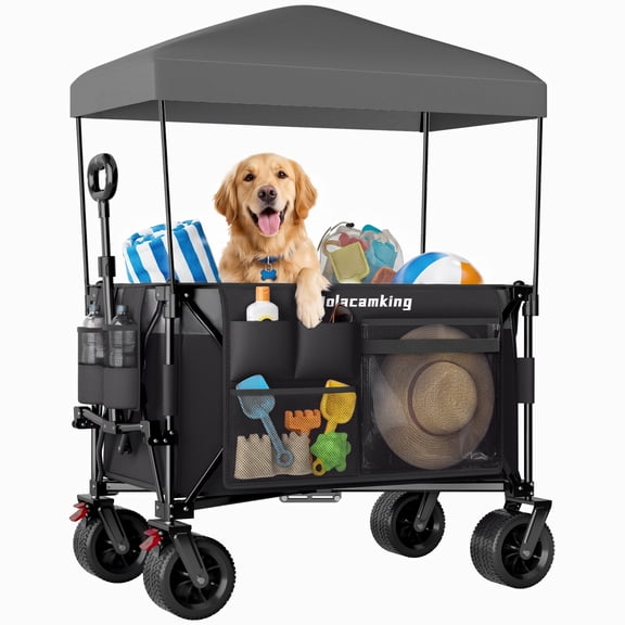 Multi-Functional Pull Folding Wagon Cart with Flexible Handle & Canopy, Heavy Duty Utility Cart with 7"x4" All-Terrain Wheels for Camping, Transport, Groceries, Sports, 520LBS/240L, Black