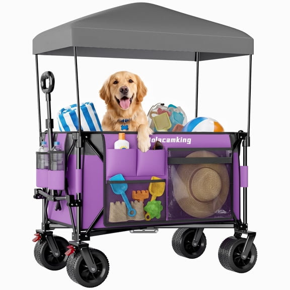 Multi-Functional Pull Folding Wagon Cart with Flexible Handle & Canopy, Heavy Duty Utility Cart with 7"x4" All-Terrain Wheels for Camping, Transport, Groceries, Sports, 520LBS/240L, Purple