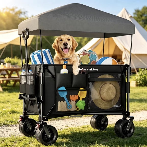 Multi-Functional Pull Folding Wagon Cart with Flexible Handle & Canopy, Heavy Duty Utility Cart with 7"x4" All-Terrain Wheels for Camping, Transport, Groceries, Sports, 520LBS/240L, Black