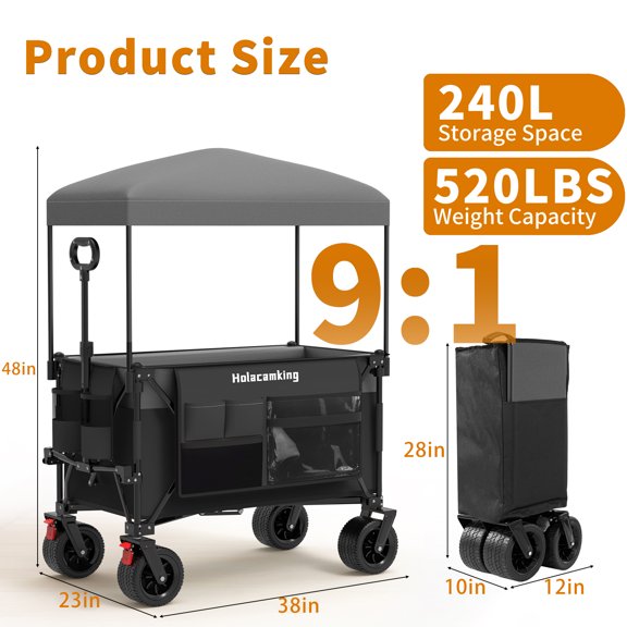 Multi-Functional Pull Folding Wagon Cart with Flexible Handle & Canopy, Heavy Duty Utility Cart with 7"x4" All-Terrain Wheels for Camping, Transport, Groceries, Sports, 520LBS/240L, Black