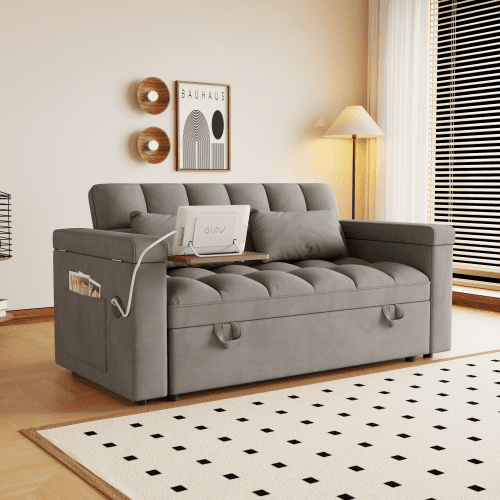 REHOUSING Velvet Multifunctional Pull-Out Sofa Bed with Hidden Side Table and Storage Armrests, Gray