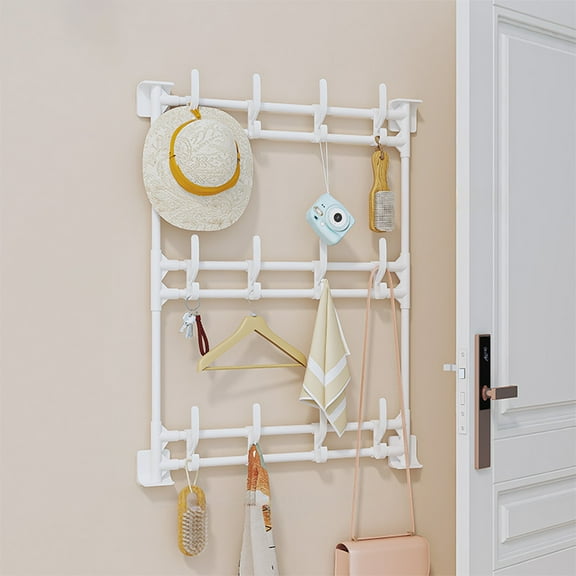 Multi-Functional Punch-Free Hanging Rack, Plastic Self-Adhesive Hooks, Heavy-Duty Multiple rows Hooks , Storage Organizer for Kitchen/Bathroom/Living Room(20.4x25.9in,White,5kg Load Capacity )