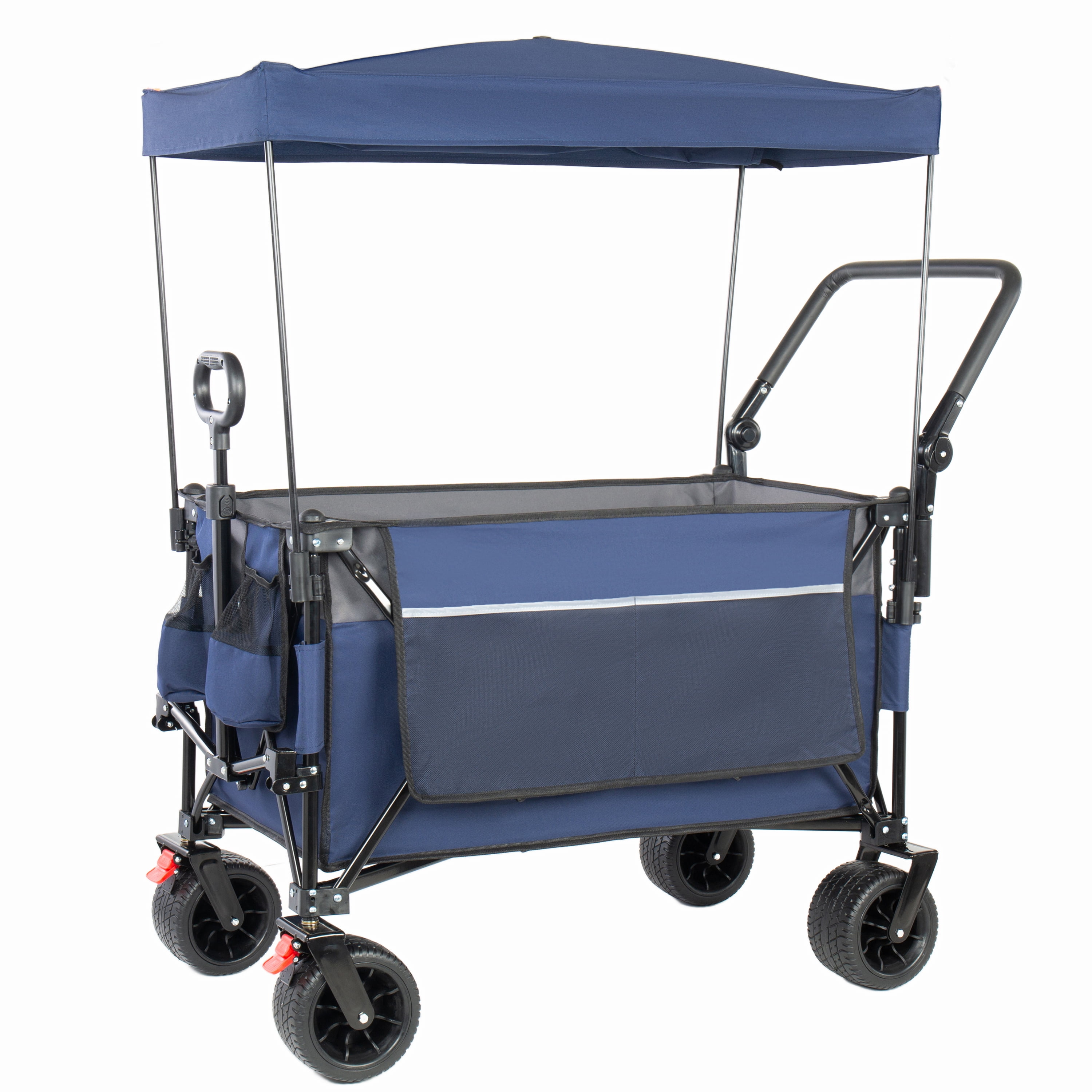 Multi-Functional Push-Pull Folding Wagon Cart Blue, Rotating Handle & Canopy, 7''x4'' Wheels with Brakes, 480lbs 300L for Outdoor, Groceries, Transport
