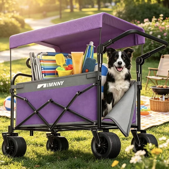 Multi-Functional Push-Pull Folding Wagon Cart with Canopy, Heavy Duty Utility Cart with 7"x4" All-Terrain Wheels for Camping, Transport, Groceries, Sports, 300LBS/200L, Purple