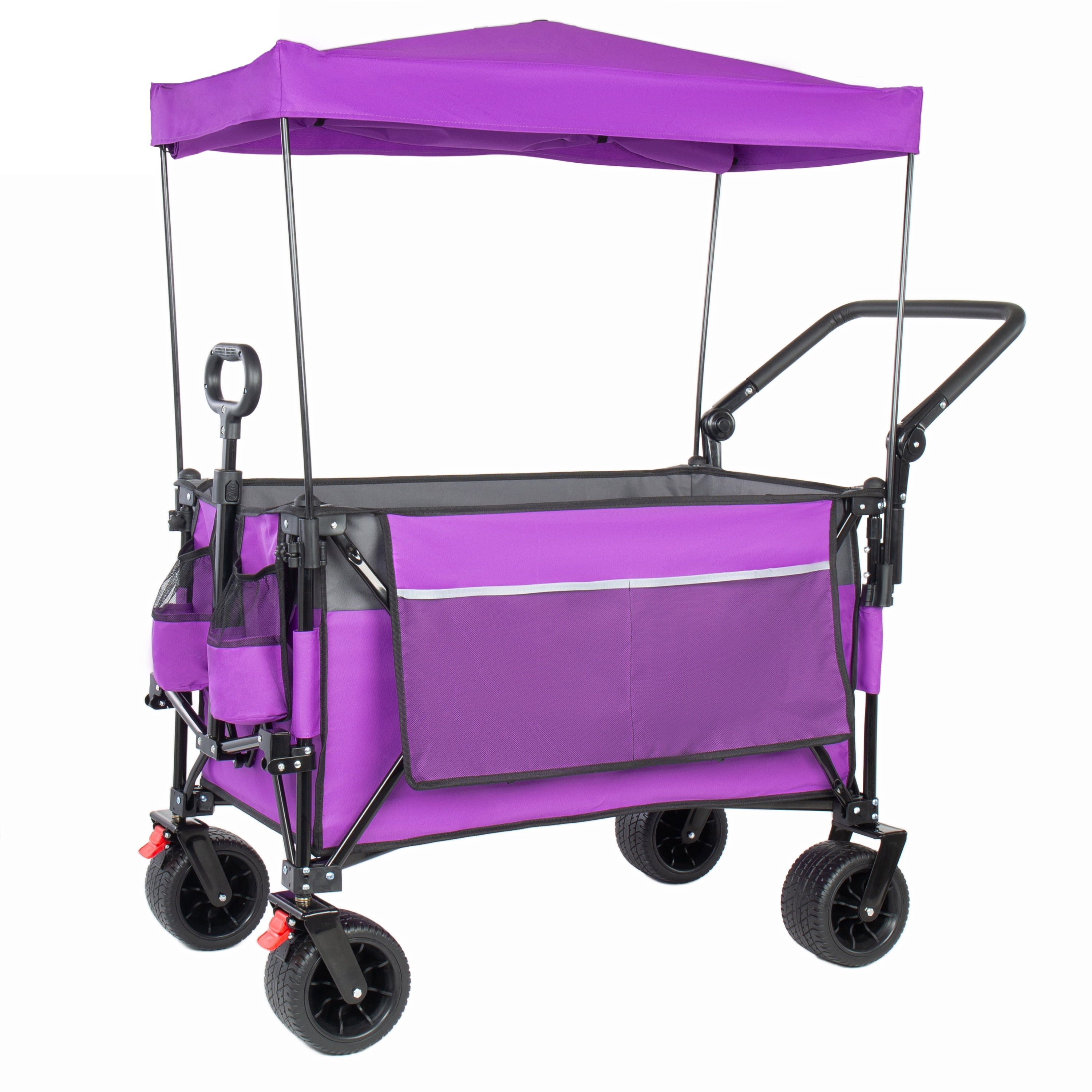 Multi-Functional Push-Pull Folding Wagon Cart Purple, Rotating Handle & Canopy, 7''x4'' Wheels with Brakes, 480lbs 300L for Outdoor, Groceries, Transport