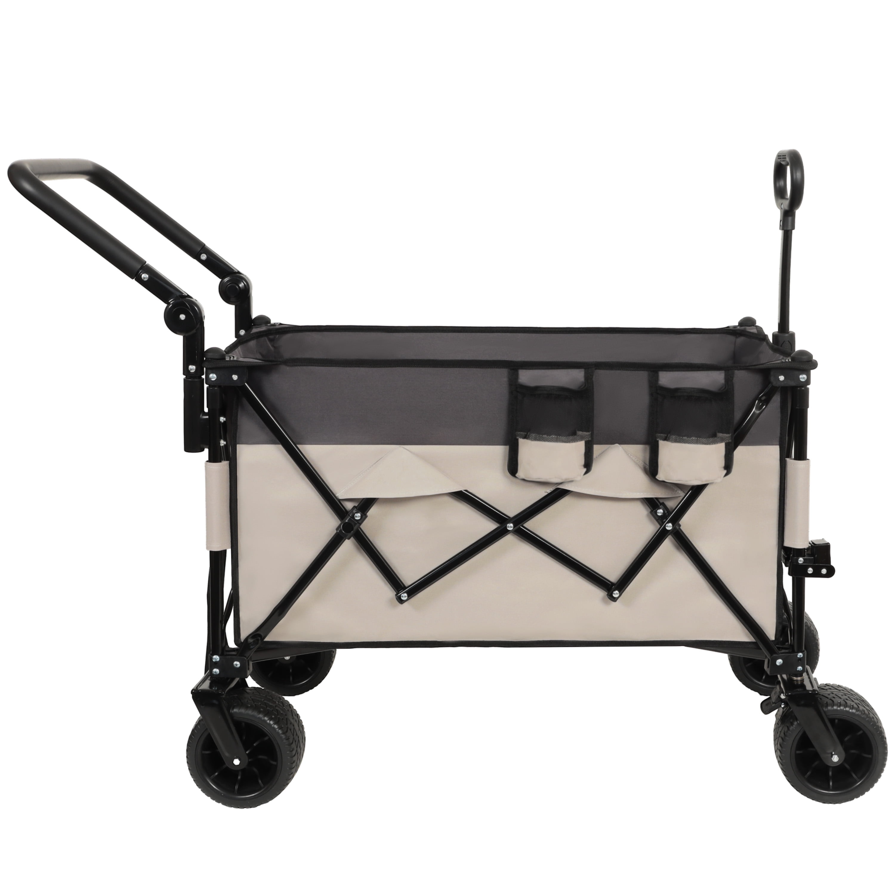 Multi-Functional Push-Pull Folding Wagon Cart with Rotating Handle & 360° All-Terrain Wheels – Heavy-Duty, Adjustable Design, Large Capacity for Transport, Groceries, and Outdoor Use, Khaki- Gray