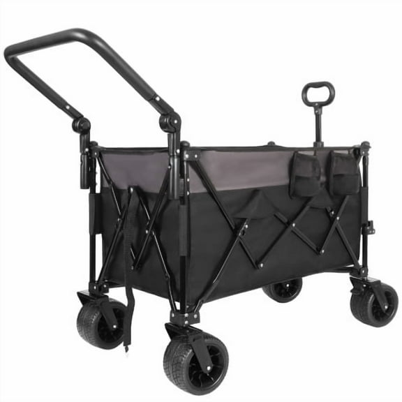 Multi-Functional Push-Pull Folding Wagon Cart with Rotating Handle & 360° All-Terrain Wheels – Heavy-Duty, Adjustable Design, Large Capacity for Transport, Groceries, and Outdoor Use, Khaki- Gray