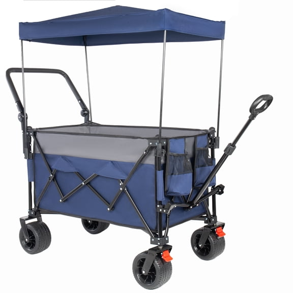 TheEshow Folding Wagon Cart Push-Pull with Rotating Handle and Canopy, 480lbs Load Capacity, All-Terrain Wheels, Gray