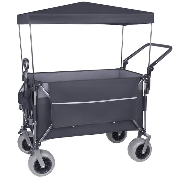 Multi-Functional Push-Pull Folding Wagon Cart with Rotating Handle & Canopy, 9"x4" Beach Tires for Camping & Beach, Load Capacity 480lbs, 300L Large Capacity for Transport, Groceries, Outdoor Use