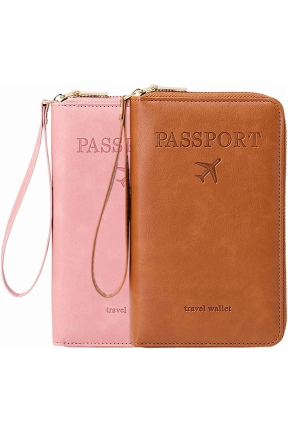 Multi-Functional RFID Passport Wallet, RFID Passport Holder for Wallet, Essential Travel Anti-Theft Wallet Storage Case, Anti-Theft Protective Case (Brown+Pink)