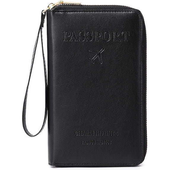 Multi-Functional RFID Passport Wallet for Travel - RFID Blocking Passport Holder with Anti-Loss Tracer Slot, Credit Card Pockets & Document Organizer for Women & Men, Family Travel Essentials (Black)