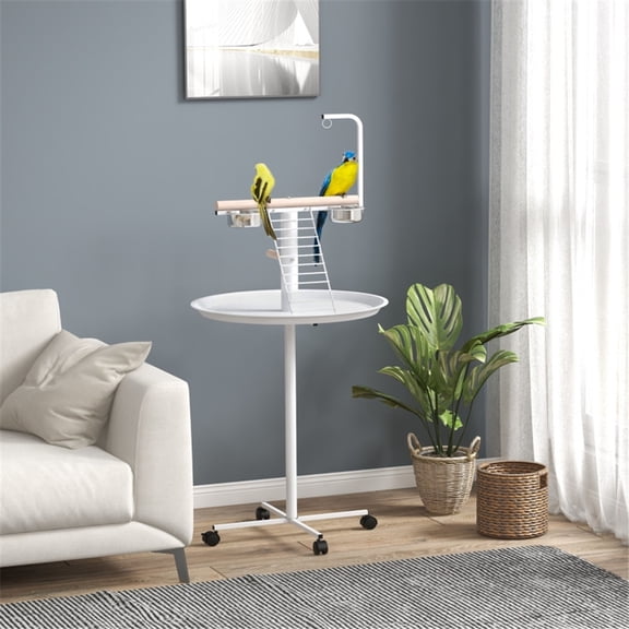 Multi-Functional Rolling Bird Stand with Perch, Ladder and Boom, Parrot Stand with Steel Bowls and Wheels, Movable Bird Playstand Perch Gym Ground, White