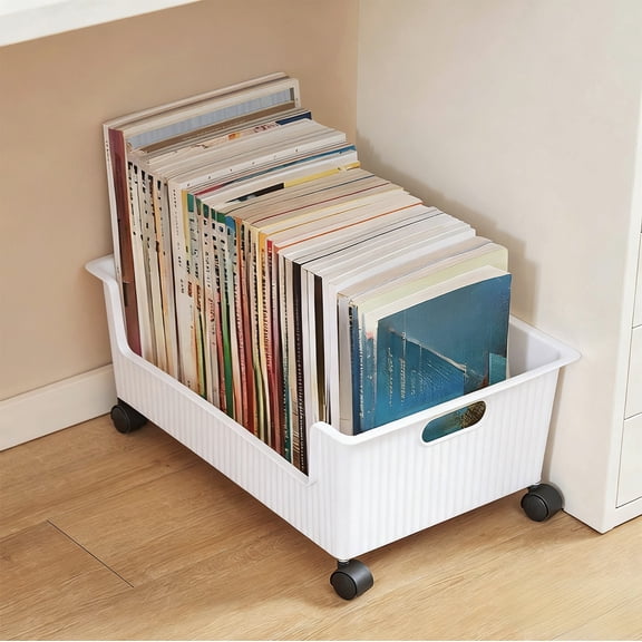 Multi-Functional Rolling Storage Box with Wheels, Under Desk Organizer Mobile Plastic Shelf Sorting Bin for Stationery & Sundries White