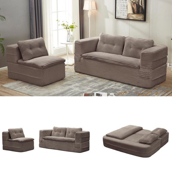 Multi Functional Sectional Sofa Bed with Independent Chaise Lounge and Functional Blanket,Plush Corduroy Sofa Couch,Convertible Sofa Bed,80" King Size Bed,Deep Seat Fluffy Sofa,Coffee