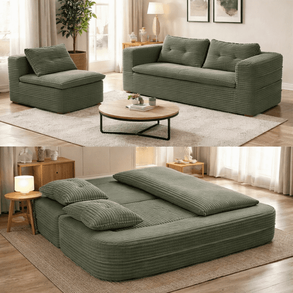 Multi Functional Sectional Sofa Bed with Independent Chaise Lounge and Functional Blanket,Plush Corduroy Sofa Couch,Convertible Sofa Bed,80" King Size Bed,Deep Seat Fluffy Sofa,Green