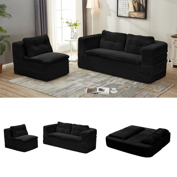 Multi Functional Sectional Sofa Bed with Independent Chaise Lounge and Functional Blanket,Plush Corduroy Sofa Couch,Convertible Sofa Bed,80" King Size Bed,Deep Seat Sofa,Black