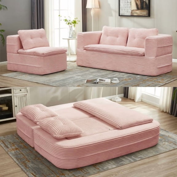 Multi Functional Sectional Sofa Bed w/ Independent Chaise Lounge&Functional Blanket,Plush Corduroy Sofa Couch,Convertible Sofa Bed,80" King Size Bed,Deep Seat Sofa,Baby Pink