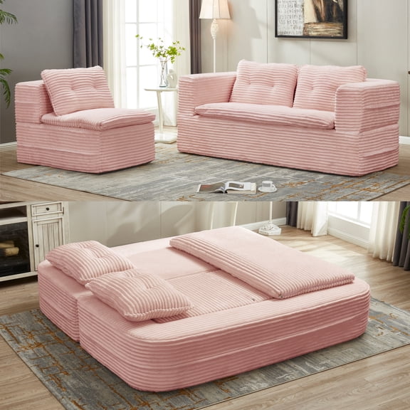 Multi Functional Sectional Sofa Bed w/ Independent Chaise Lounge&Functional Blanket,Plush Corduroy Sofa Couch,Convertible Sofa Bed,80" King Size Bed,Deep Seat Sofa,Baby Pink ,new sku:W3219S00008