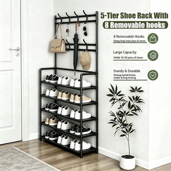 Multi-Functional Shoe Rack With Coat Hooks, 5-Tier Freestanding Shoe Shelf For Entryway, Heavy-Duty Shoe Organizer For Sneakers, Bags, Hats & Keys,