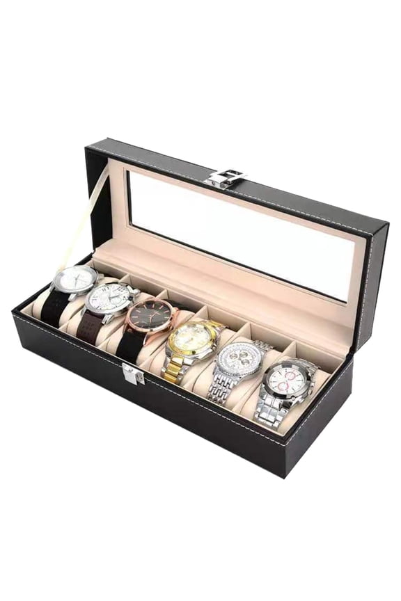 Multi-Functional Showcase 6 Slot PU Leather Watch Box One Word Lock Dustproof