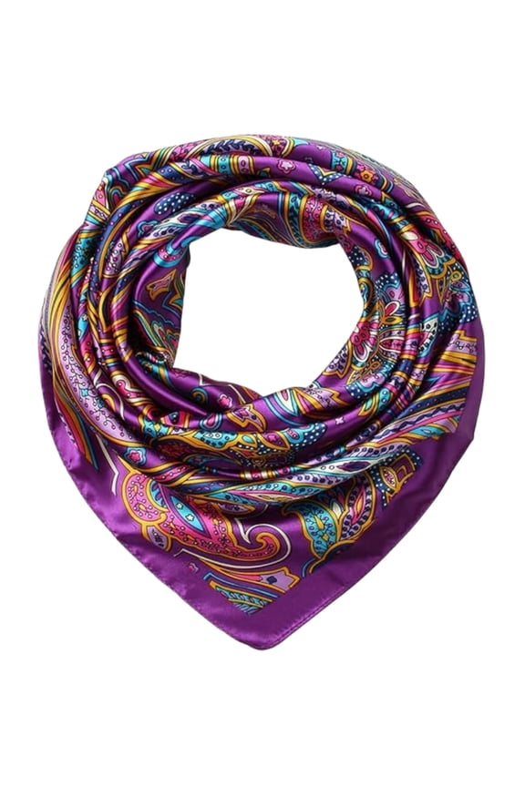 Multi-Functional Silk-Feel Polyester Satin Bandana Paisley Pattern Purple Multi-Color