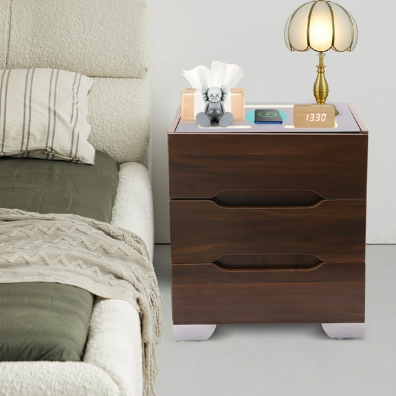 Multi-Functional Smart Bedside Table Cupboard Wireless Charge Led Light Bed-stan Modern End Side Table 3 Drawers Nightstands Wireless Charging Station+LED Lights