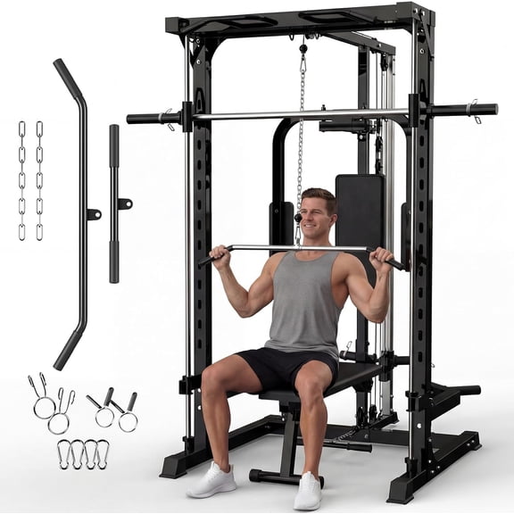 Multi-Functional Smith Machine with Bench Home Gym System, Heavy Duty Carbon Steel Squat Rack with LAT Pulldown and Butterfly Station, Full Body Strength Training Equipment, Black