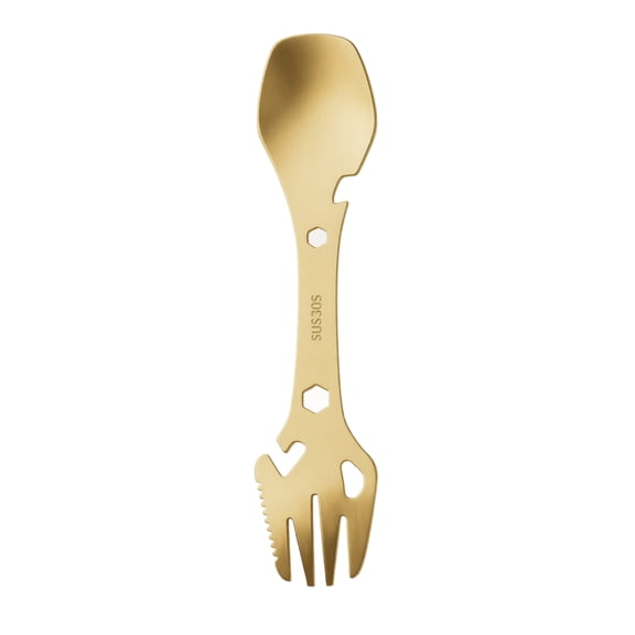 Multi Functional Spork and Bottle Opener Combo Portable Outdoor Utensil for Camping Hiking Backpacking and Picnics Integrated Dual Head Design for Dining, Gold