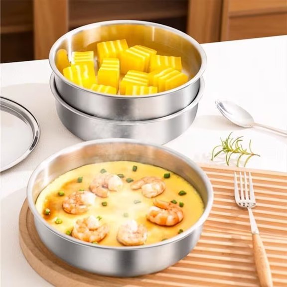 Multi-Functional Stainless Steel Steaming and Baking Pan - Round Cake Pan with Anti-Slip Edge for Stovetop and Steamer, Even Heat Distribution, Dishwasher Safe
