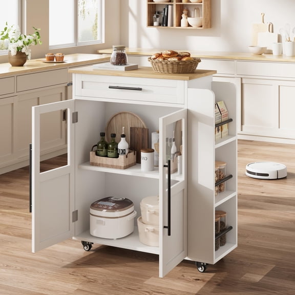 Multi-Functional Storage Kitchen Island Cart – Cabinets, Drawers, Stainless Steel Top, Spice Rack, Towel Bar, Rolling Entryway Organizer – White and Natural Wood-Colored Ceiling Panels
