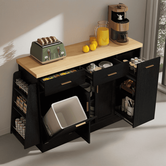Multi-Functional Storage Sideboard with Trash Cabinet, Sliding Door & 3-Tier Spice Rack, Kitchen Island Table with Drawers, Buffet Cabinet for Dining Room, Black