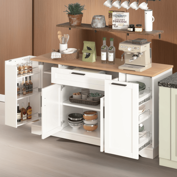 Multi-Functional Storage Sideboard with Adjustable Shelves, 3-Tier Pull-Out Rack, Kitchen Island Cabinet, Buffet Table for Dining Room, White