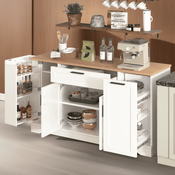 Multi-Functional Storage Sideboard with Adjustable Shelves, 3-Tier Pull-Out Rack, Kitchen Island Cabinet, Buffet Table for Dining Room, White