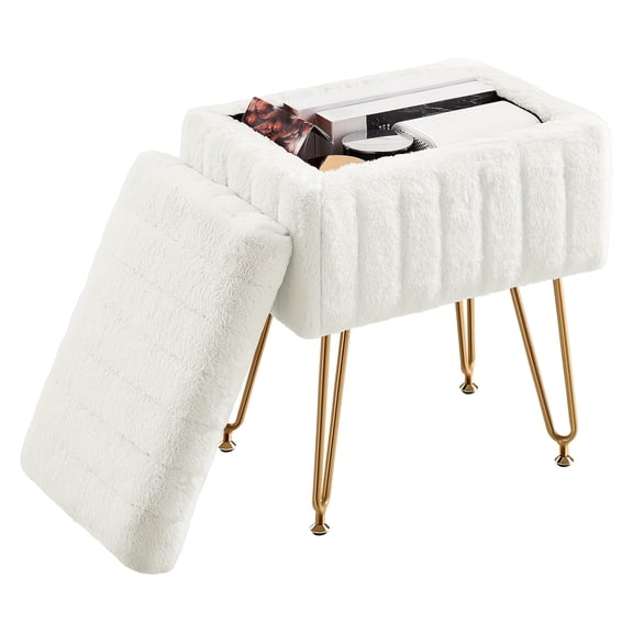 Multi-Functional Storage Vanity Stool with 4 Gold Metal Legs, Flip Top Makeup Organizer Bench, Soft Upholstered Accent Chair for Bedroom, Living Room & Home Decor