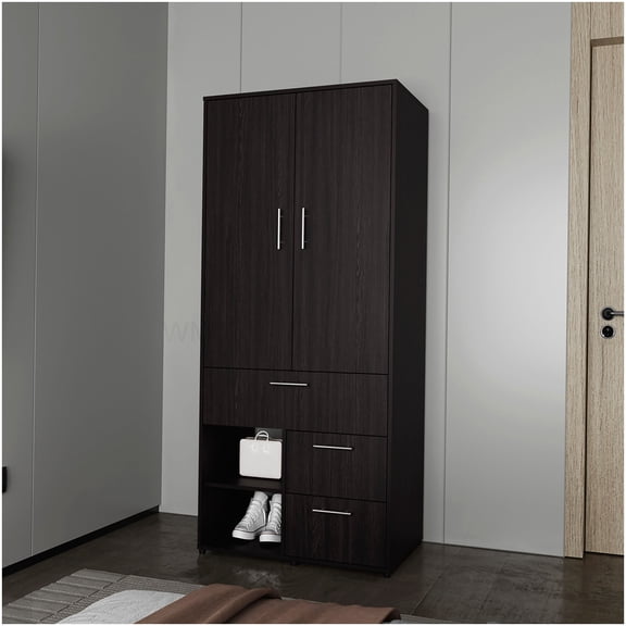 Multi-Functional Storage Wardrobe with Rod, Shelves & Drawers in Wenge Finish