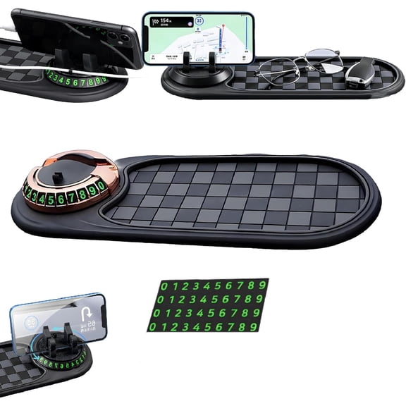 Multi-Functional Support Anti-Slip Pad, 360° Rotatable Non-Slip Vehicle Dashboard Mat with Phone Holder & Temporary Parking Number, Dash Storage Pad for Key Gadget, Universal Fit (Black Gold)