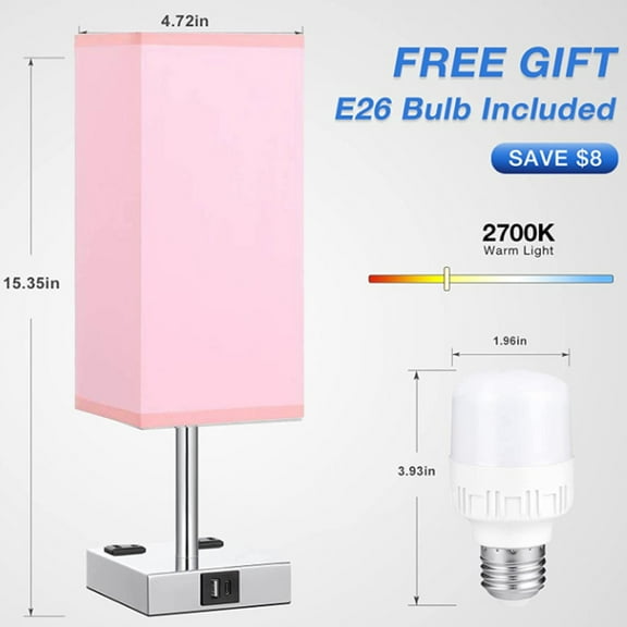 Multi-Functional Table Lamp with USB & AC Outlets, Soft Fabric Shade Bedside Lamps for Bedroom, Office