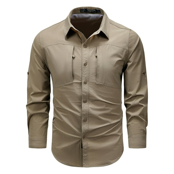 Multi-Functional Tactical Blouses for Mens Lapel Button Down Shirts Long Sleeve Collared Shirts Loose Fitted Lounge Thermal Shirt Athletic Running Gym Workout Clothes with Pockets