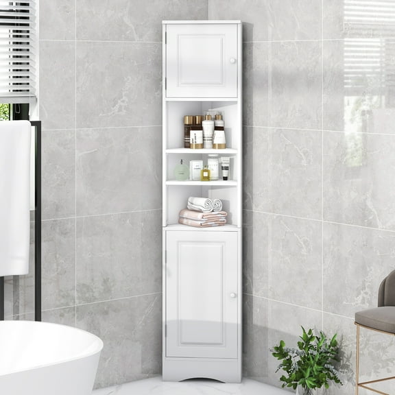 Multi-Functional Tall Corner Bathroom Storage Cabinet with Two Doors, Adjustable Shelves and Open Shelf