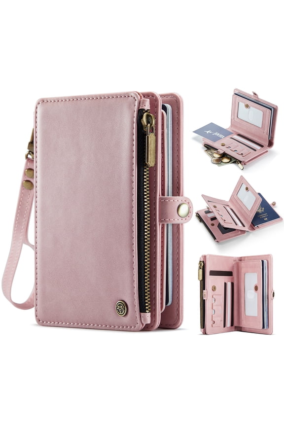 Multi-Functional Travel Passport Holder Wallet Case for Men Women with Card Slots and Passport Cash Photo Solt Zipper Pocket, RFID Blocking Wristlet Strap for Travel - Vintage Pink