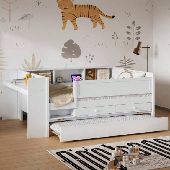 Multi - Functional Twin Daybed with Drawers and Trundle, Headboard Storage and Tables, Charging Station, White