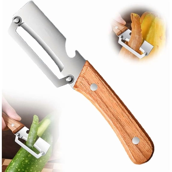 Multi-Functional Vegetable Peeler for Kitchen, 2 Pcs Ultra-Sharp Stainless Steel Blade with Wooden Handle, Built-in Bottle Opener, Swivel Peeler for Potato, Fruit