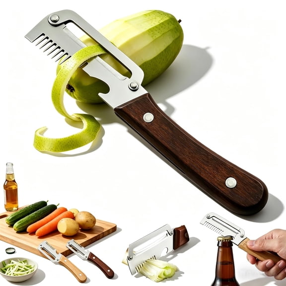 Multi-Functional Vegetable Peeler for Kitchen, 3 In 1 Multifunctional Vegetable and Fruit Peeler with Wooden Handle, Vegetables Peelers Stainless Steel with Bottle Opener